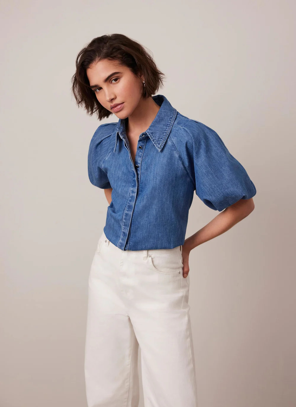 Indigo Denim Puff Sleeve Shirt | Mint Velvet