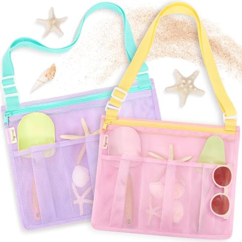Tagitary Beach Toys Mesh Beach Bags with Zipper, Kids Pool Sand Toys Seashell Crossbody for Boys and Girls Summer Vacation Essentials | Amazon (US)