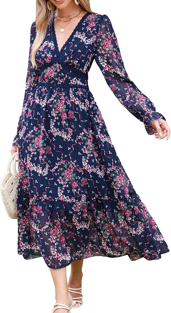 Women's Spring Wrap Maxi Dress Floral V Neck Long Sleeve Wedding Guest Party Casual Chiffon Dress | Amazon (US)
