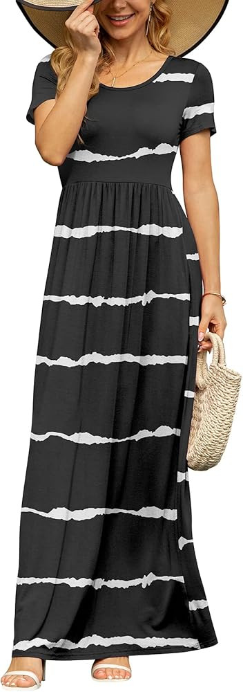 DB MOON Women's Short Sleeve Maxi Dresses Casual Empire Waist Long Dress with Pockets | Amazon (US)