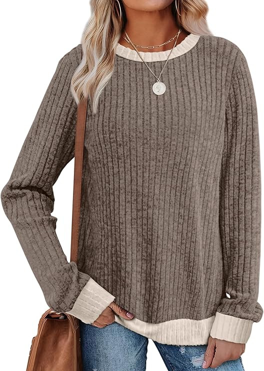 Sampeel Womens Tops Long Sleeve Shirts Lightweight Sweaters Loose Fit Crewneck Color Block Fall F... | Amazon (US)