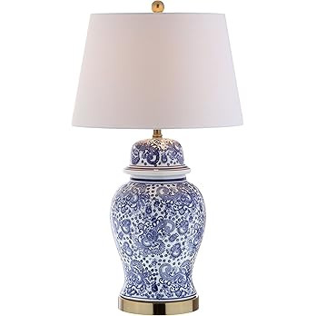 JONATHAN Y 29.5" Blue/White Ceramic Table Lamp for Living Room and Office, White Linen Drum Shade... | Amazon (US)