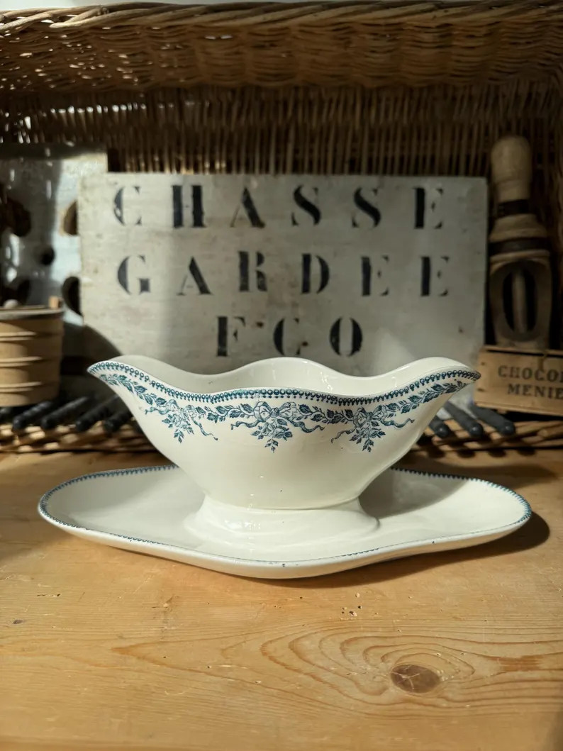 Vintage French Blue and White Transferware Gravy Boat – Bow and Rose Motif – Stamped & Emboss... | Etsy (US)