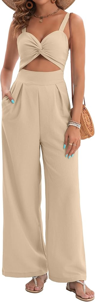 AGERWAY Womens Summer Jumpsuits Dressy Sexy V Neck Twist One Piece Outfits Sleeveless Casual Wide... | Amazon (US)