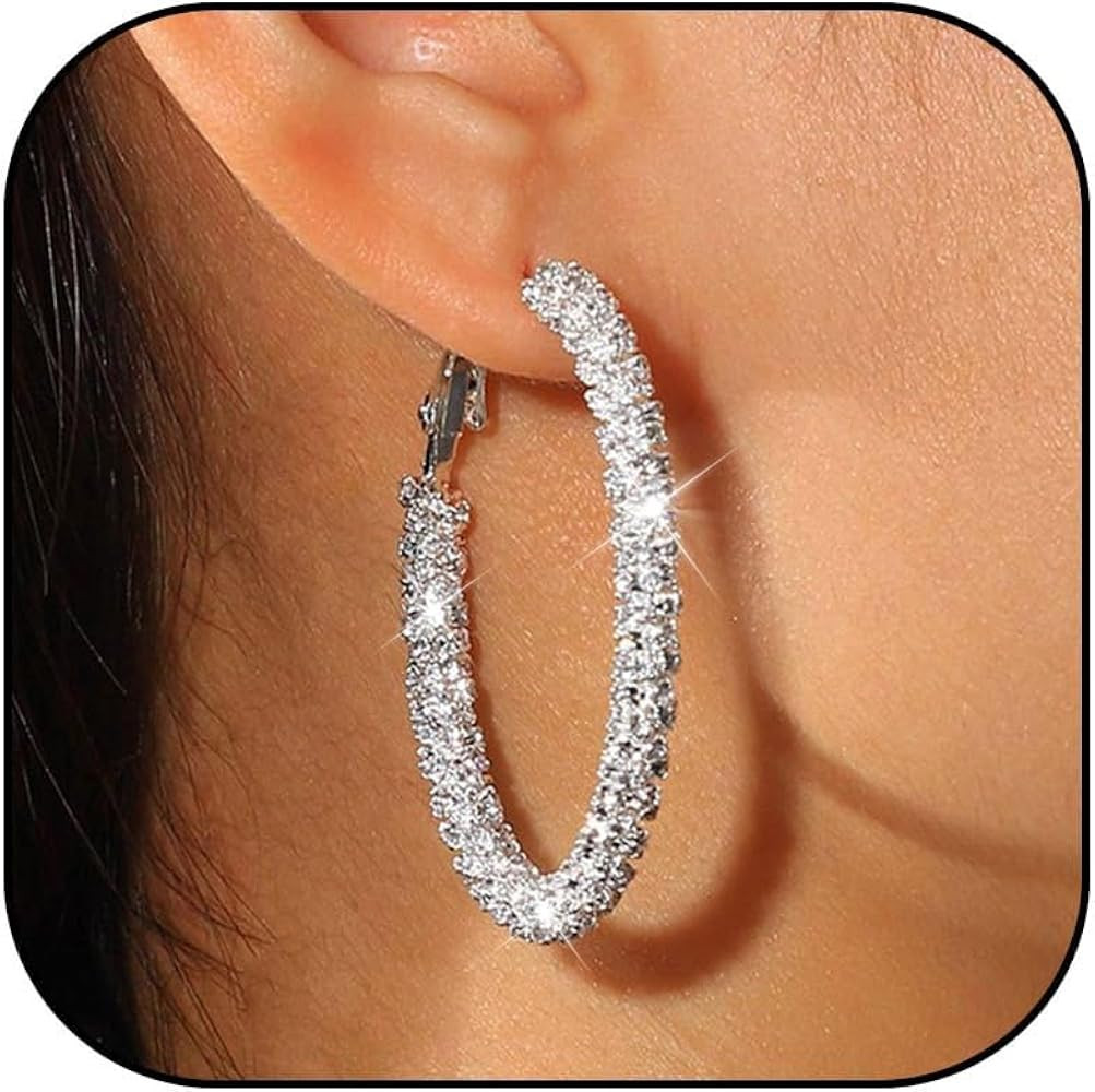 Rhinestone Hoop Earrings for Women Trendy Stuff Big Gold/Silver Hoop Earrings Large Cross Hoop Ea... | Amazon (US)
