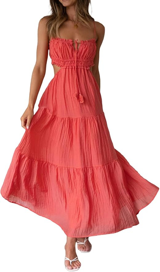 Womens Summer Beach Maxi Dress Spaghetti Strap Backless Flowy Long Dress Casual Boho Side Cut Out... | Amazon (US)