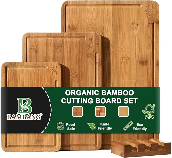 BAMBANG Bamboo Cutting Board, Dark Carbonized Chopping Boards Set of 3 with Stand, Butcher Block ... | Amazon (US)