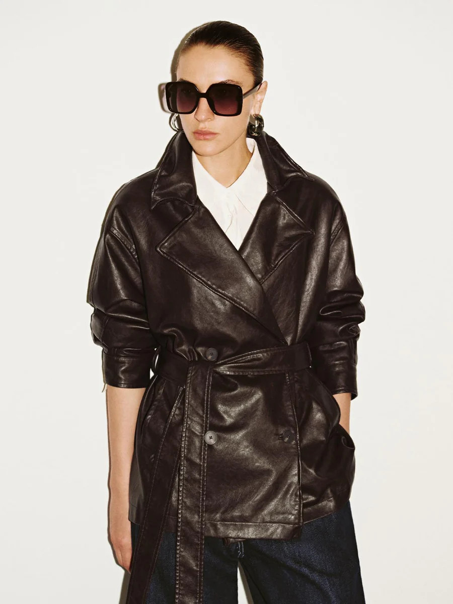 Double Breasted Belted Faux Leather Jackets | Urban Revivo