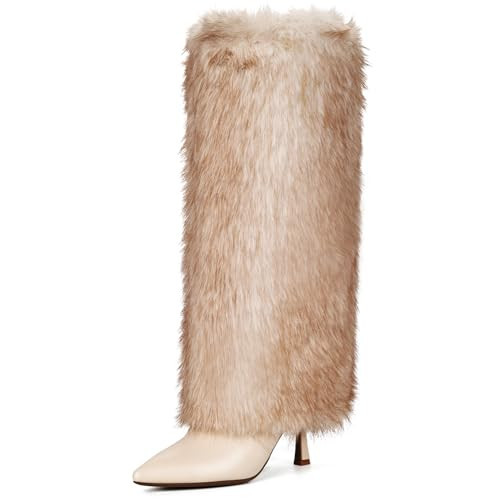 QLR Womens 3.3-inch Kitten Heel Knee High Fur Boots Furry Fuzzy Fluffy Pointed Toe Boots for Women Tall Wide Calf Fall Winter Snow Fold Over Boot with Side Zipper | Amazon (US)