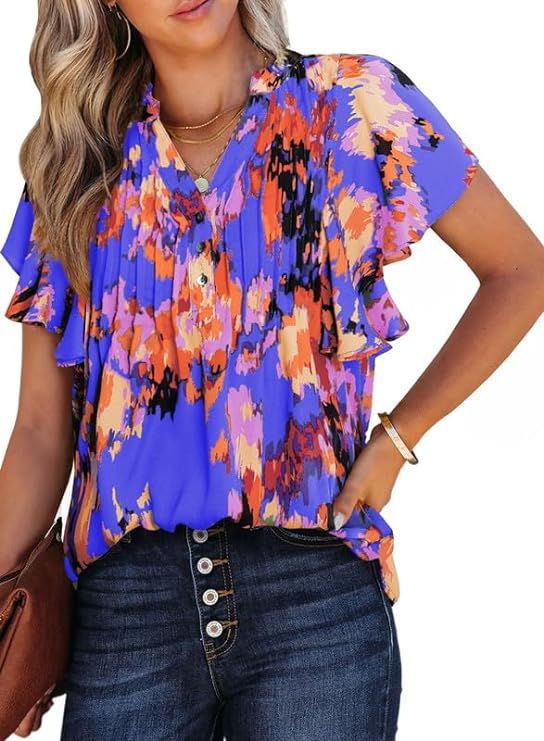 SHEWIN Womens Casual V Neck Boho Floral Blouses Ruffle Short Sleeve Shirts Pleated Flowy Tunic To... | Amazon (US)