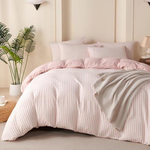 BUPIRD Pink Comforter Set Queen Size Striped 100% Soft Washed Microfiber Jacquard 3 Pieces Striped Bedding Sets Pink White Comforter Queen for All Seasons and 2 Pillowcases Comfort Breathable | Amazon (US)
