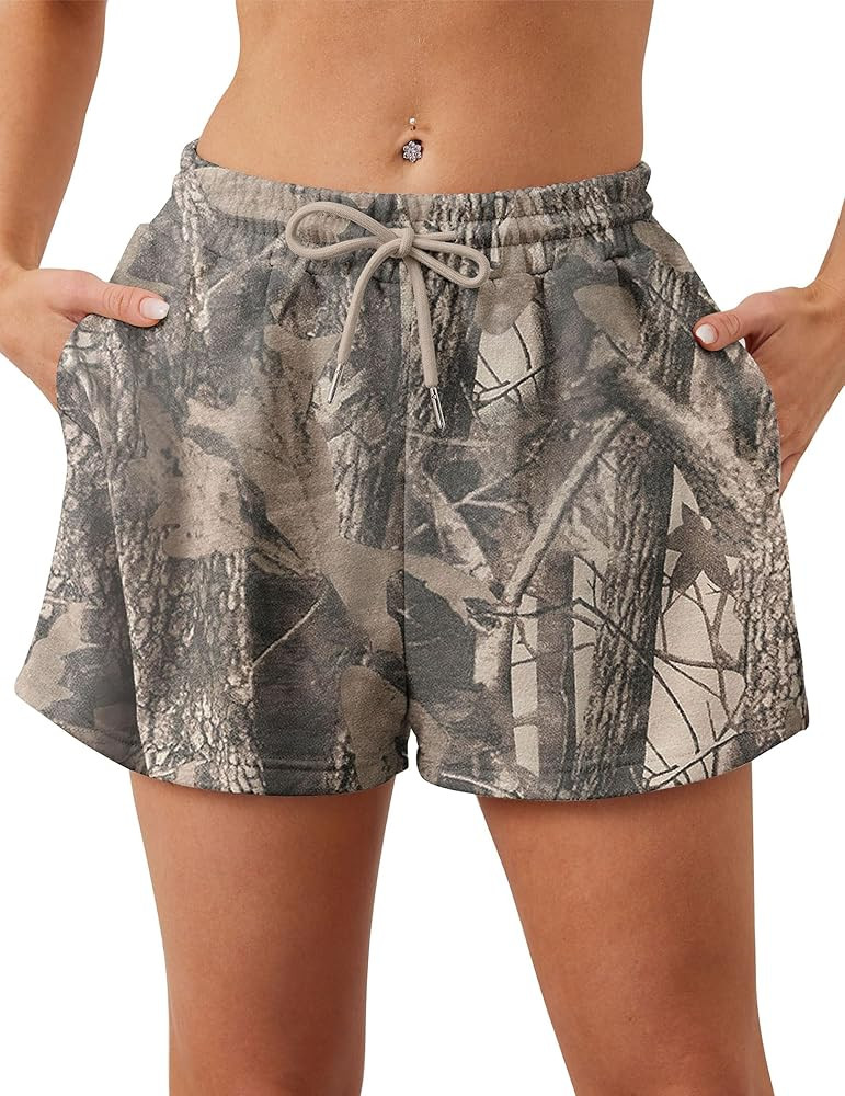 Women Camo Sweat Shorts Casual Elastic Waist Lounge Shorts Drawstring Maple Leaf Print Athletic S... | Amazon (US)