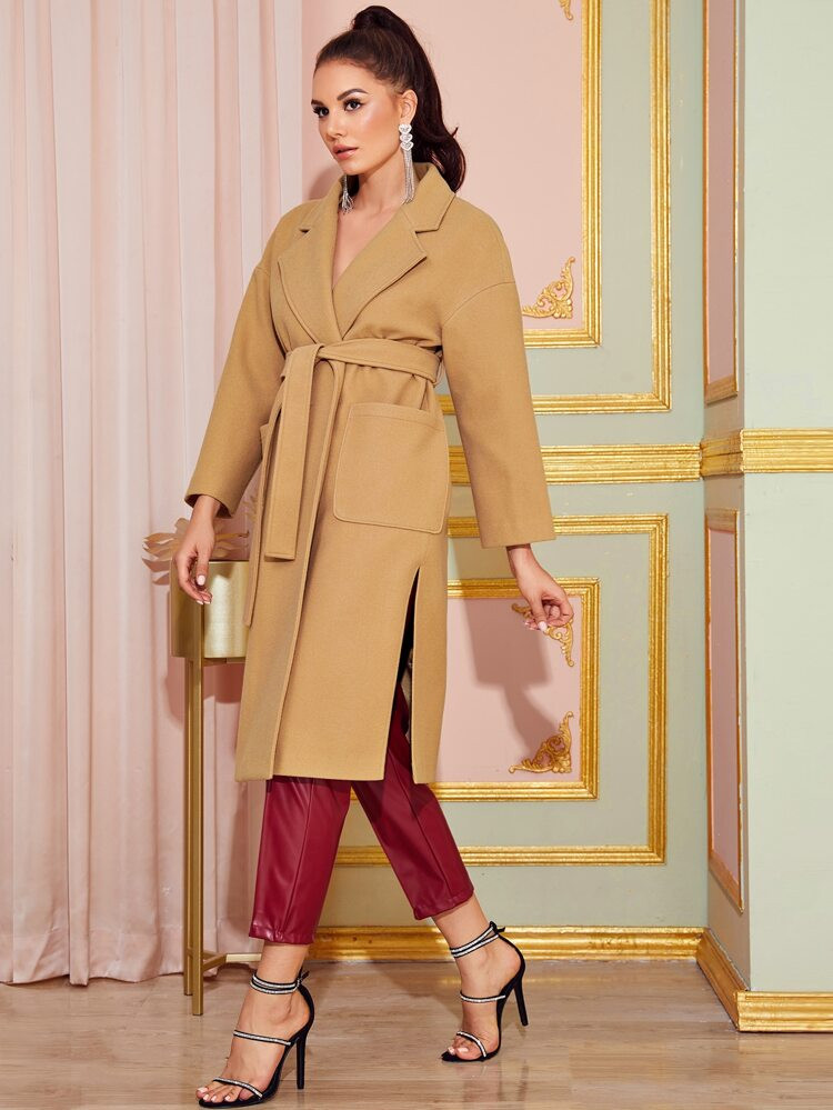 Notched Collar Split Hem Belted Coat | SHEIN
