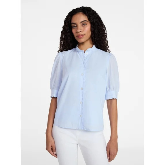 Time and Tru Women's Cotton Scalloped Edge Blouse with Short Sleeves, Sizes XS-XXXL | Walmart (US)