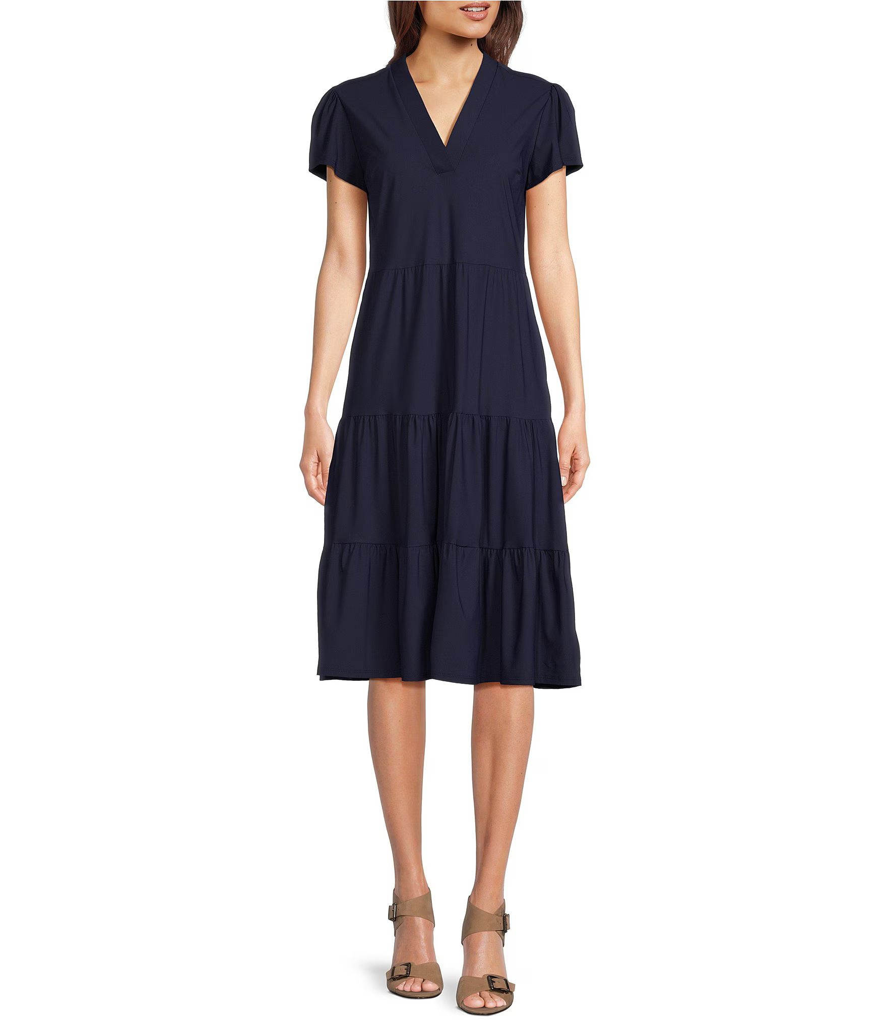 Libby Solid Jude Cloth Knit V-Neck Short Puffed Sleeve A-Line Tiered Midi Dress | Dillard's
