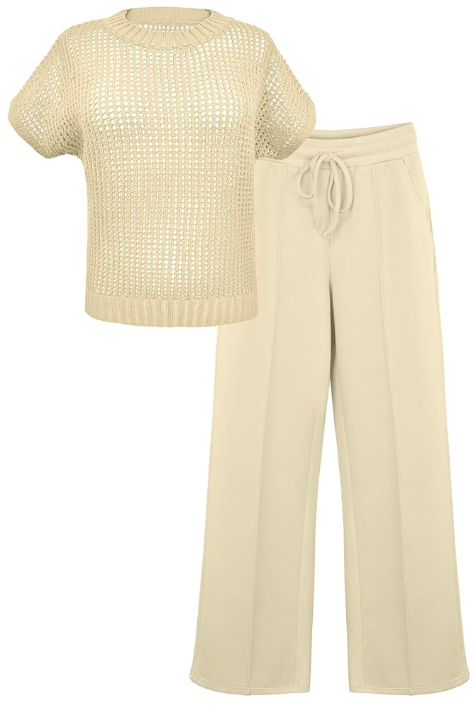 GRECERELLE Women 2 Piece Sets Crochet Sheer Knit Sweater Top & Wide Leg Pants Lounge Travel Match... | Amazon (US)