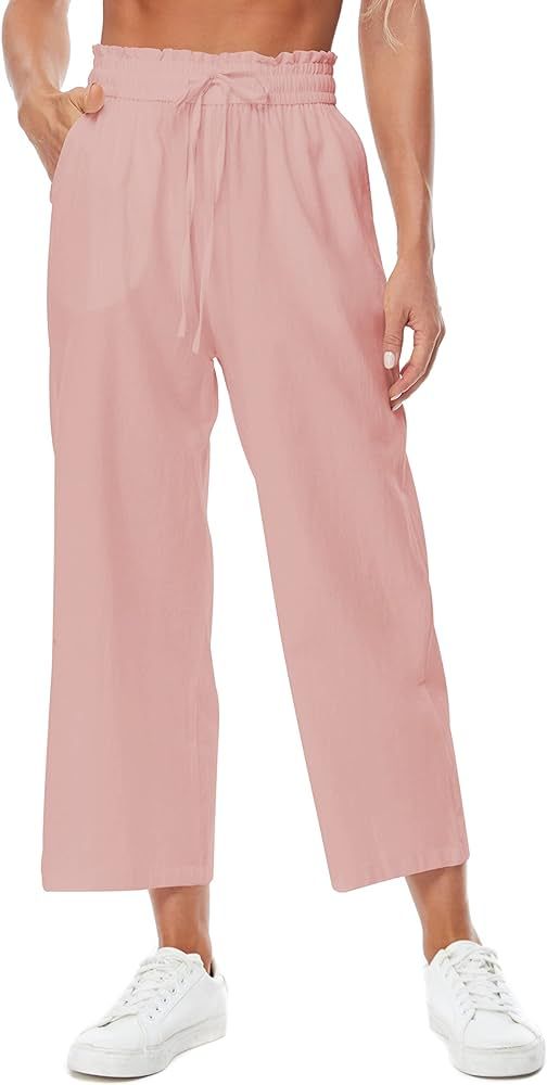 Womens Linen Pants Wide Leg High Waisted Drawstring Casual Flowy Pants with Pockets | Amazon (US)