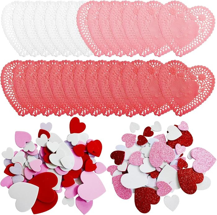 100 PCS Heart Doilies,2 Bags Foam Heart Stickers,Valentines Day Crafts Set for Valentines Day Dec... | Amazon (US)