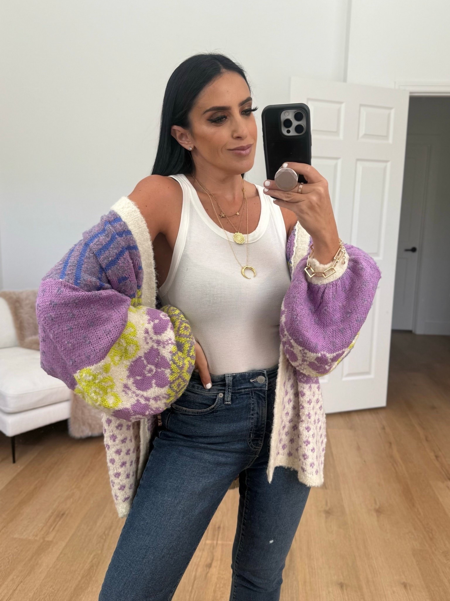 Ferrell Printed Open Front Cardigan wearing size small