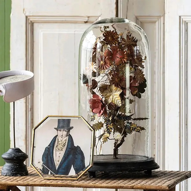 Glass Dome Cloche On Base With Metal Flowers | Antique Farm House