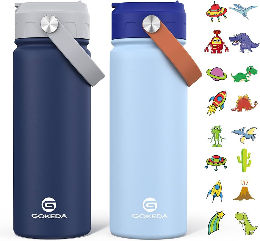 18oz Kids Water Bottle, 2 Pack Insulated Bottles with Stickers, 18/8 Stainless Steel Vacuum Leak ... | Amazon (US)