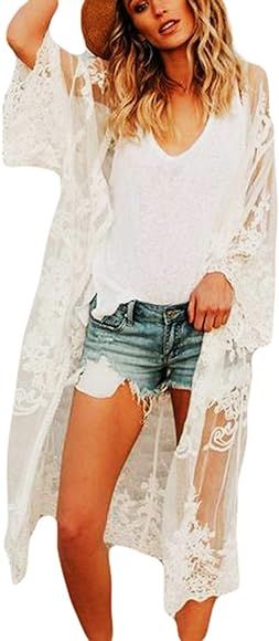 AILUNSNIKA Crochet Knitted Beach Cover Up Open Front Kimono Cardigan Sexy Lace Dress | Amazon (US)