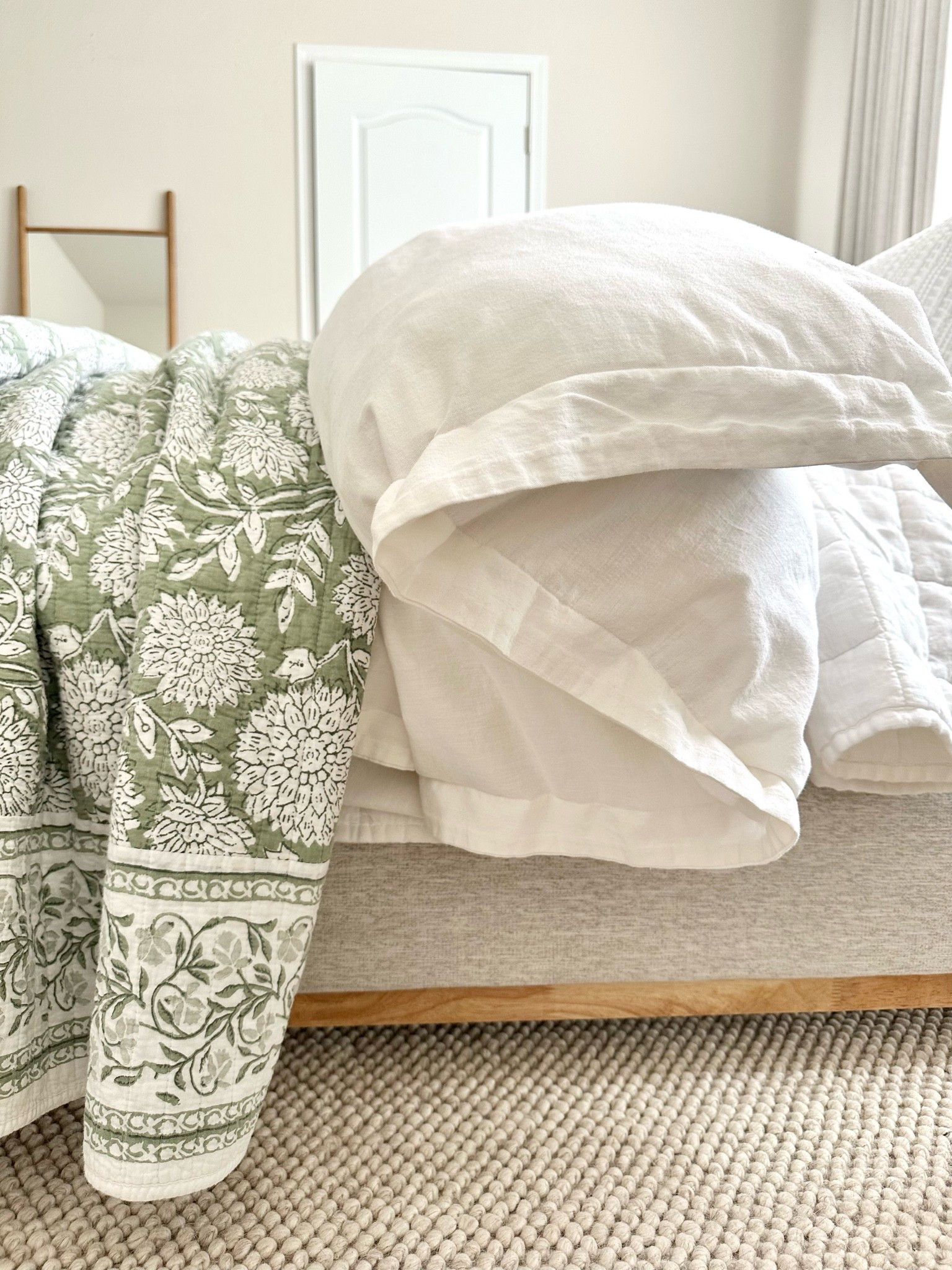 Layers!

+ Quince sheet set (queen)
+ Quince box quilt (queen)
+ Target cotton duvet cover (queen)
+ 2 Amazon duvet inserts (king for extra fullness)
+ Amazon floral quilt (king for extra overhang - I did have to hem the shams to make them fit the standard pillow size)

Bedding, green bedding, designer tips, bedroom ideas, bedroom design, quilts, duvets, bed styling, cozy bedroom, spring bedroom, spring refresh

#LTKHome #LTKSaleAlert