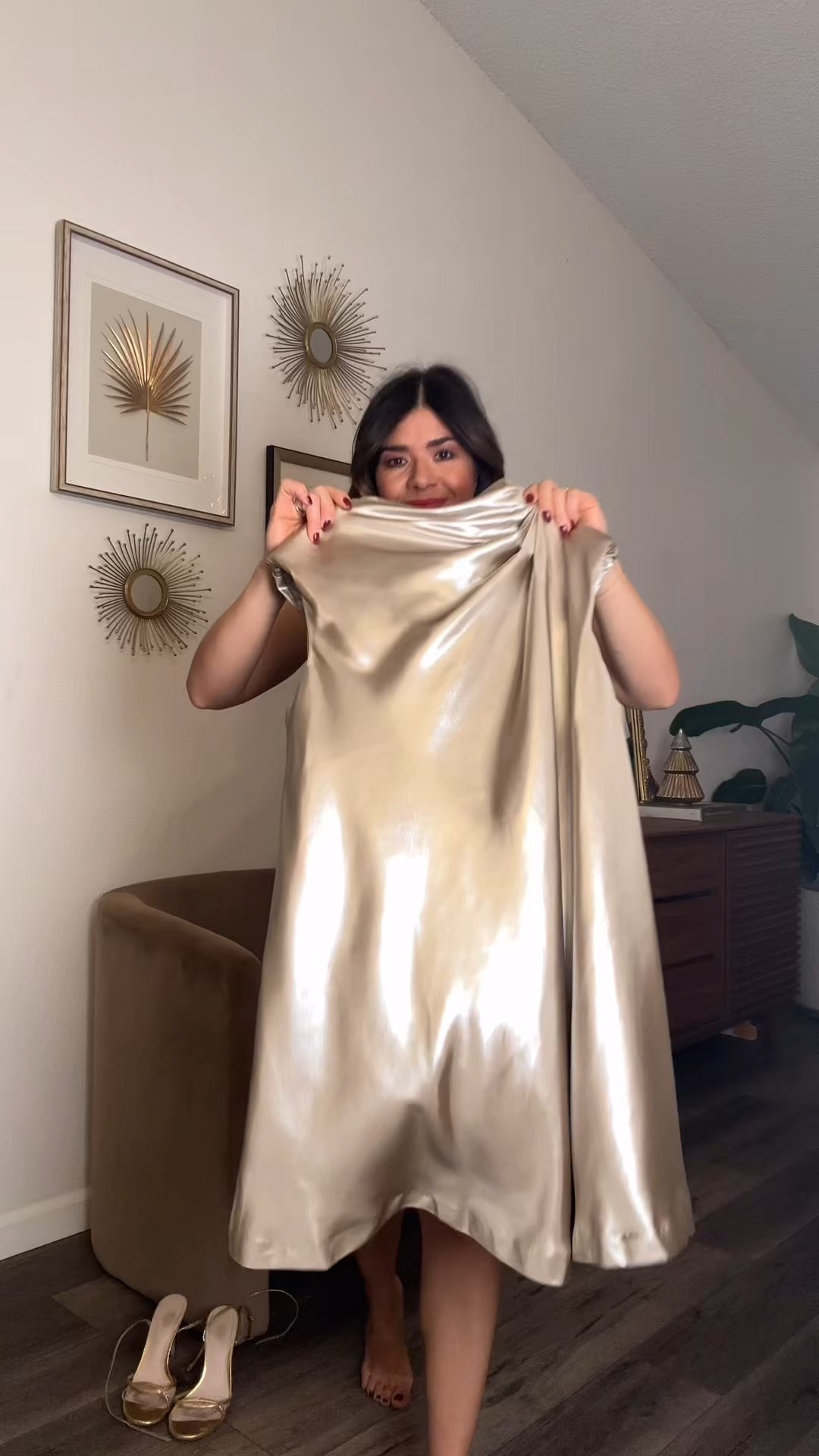 The most stunning liquid gold dress is back in stock! 
Wearing size  s. It runs tts. 
Grab yours because it will sell out fast! 

#LTKootd #LTKHoliday #LTKPetite