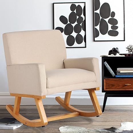 LVUYOYO Upholstered Rocking Chair - Modern Fabric Rocking Armchair - Mid Century Wood Base Comfor... | Amazon (US)