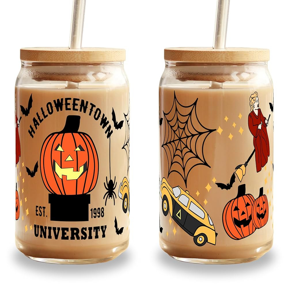 16oz Halloweentown Glass Can Cup with Lid and Straw, Boogie, Nightmare, cute halloween, spooky se... | Amazon (US)