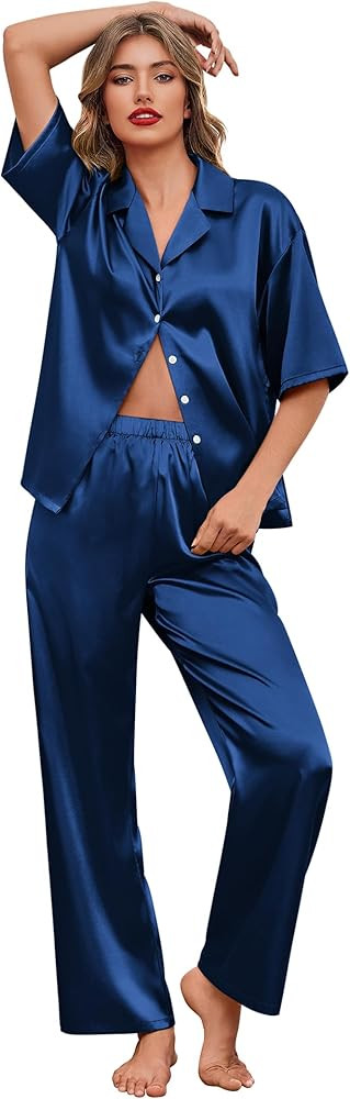 Ekouaer Conjunto de pijama de satén de seda para mujer, conjunto de pijama de manga corta con bo... | Amazon (US)