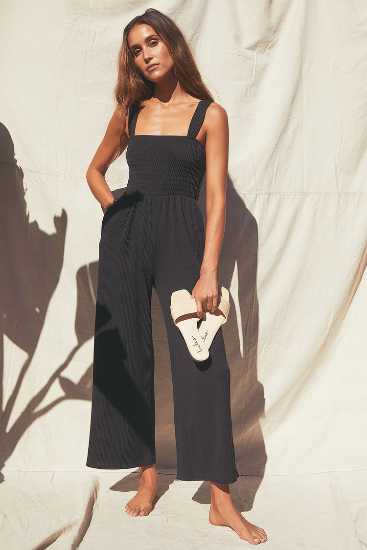 Social Calendar Black Ribbed Knit Wide Leg Jumpsuit | Lulus