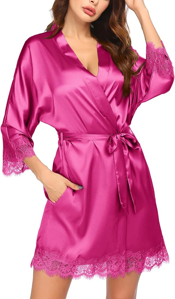 Ekouaer Womens Silk Robe Short Lace Trim Satin Robe 3/4 Sleeve Sexy Kimono Bride Bathrobe Comfy S... | Amazon (US)