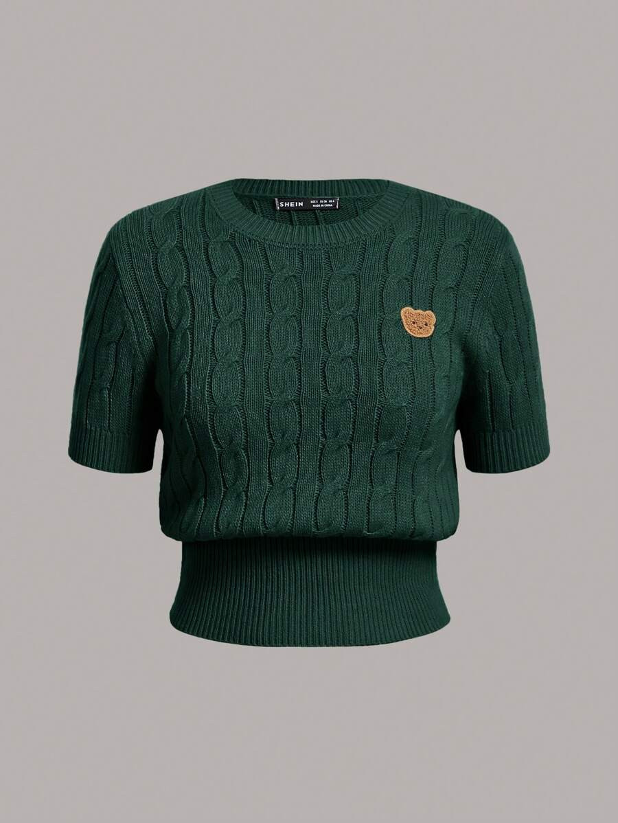 SHEIN EZwear Women's Knitted Short Sleeve Shirt With Bear Embroidery | SHEIN