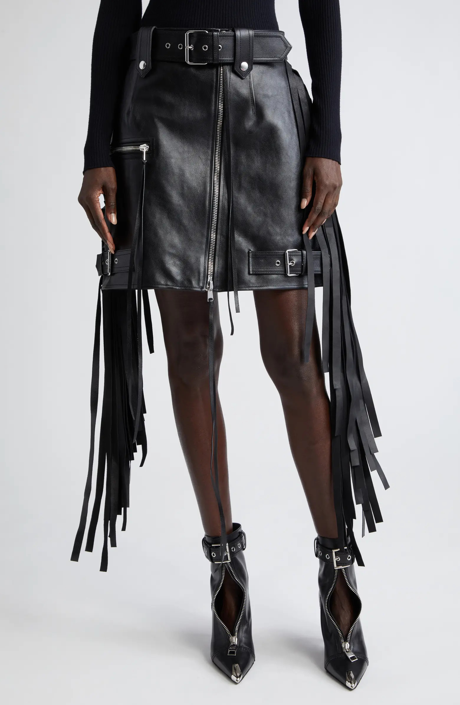 Fringe Trim Biker Belted Leather Miniskirt | Nordstrom