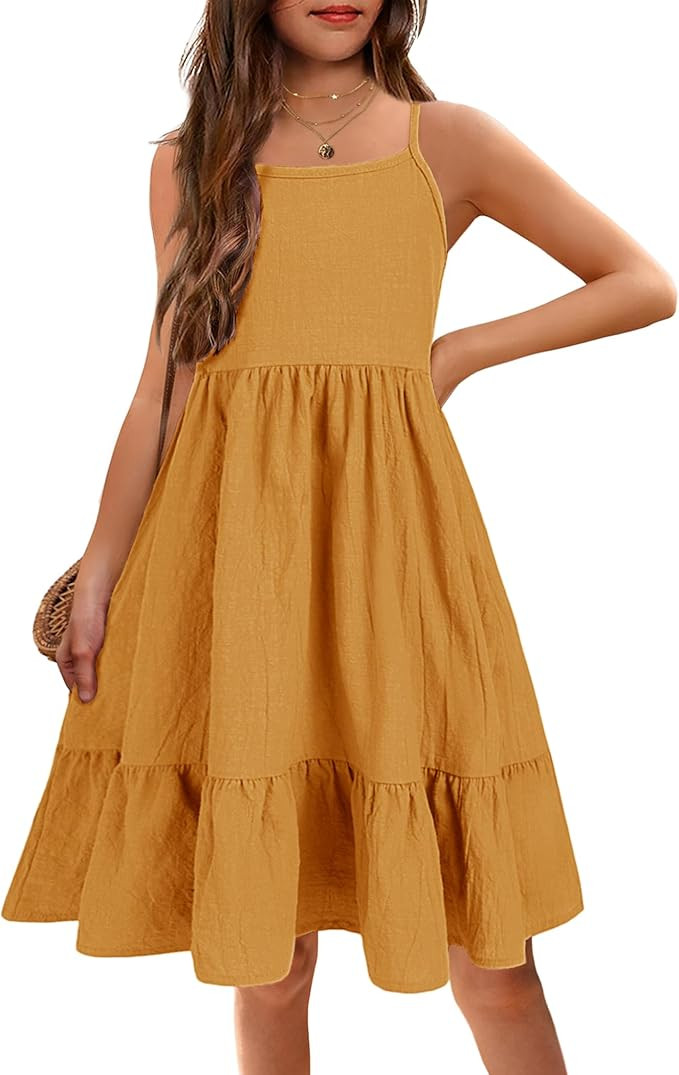 Arshiner Girl's Summer Sundress Spaghetti Strap Solid Linen Midi Dress Casual Cami Dresses | Amazon (US)