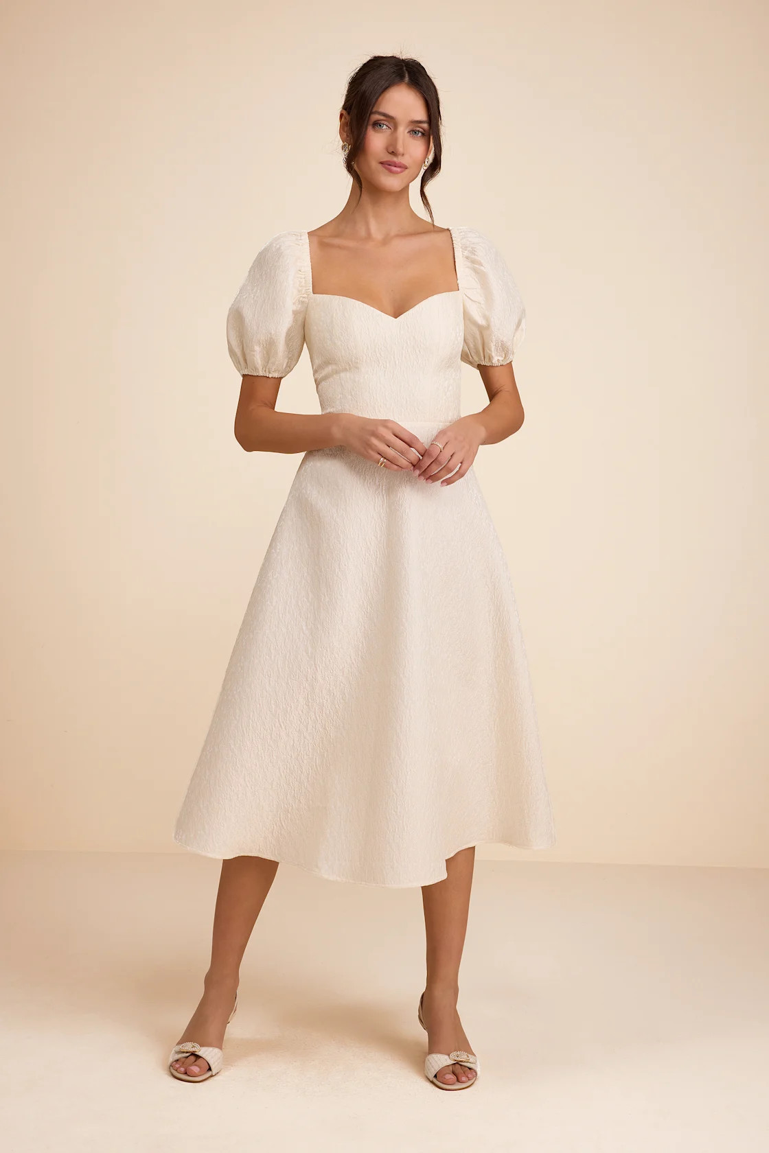 Melly Ivory Textured Jacquard Puff Sleeve Midi Dress | Lulus