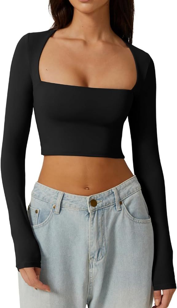 QINSEN Women's Sexy Square Neck Crop Top Long Sleeve Slim Fit Cropped T Shirts | Amazon (US)