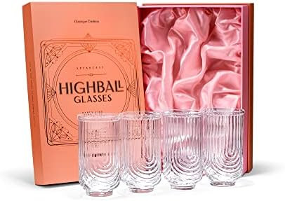 Vintage Art Deco Highball Gatsby Cocktail Glasses | Set of 4 | 16 oz Double HiBall Glassware for ... | Amazon (US)