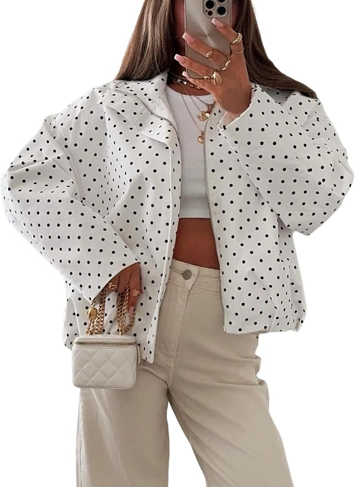 Dqbeng Womens Polka Dot Jacket Zip Up Oversized Lightweight Fall Outerwear | Amazon (US)