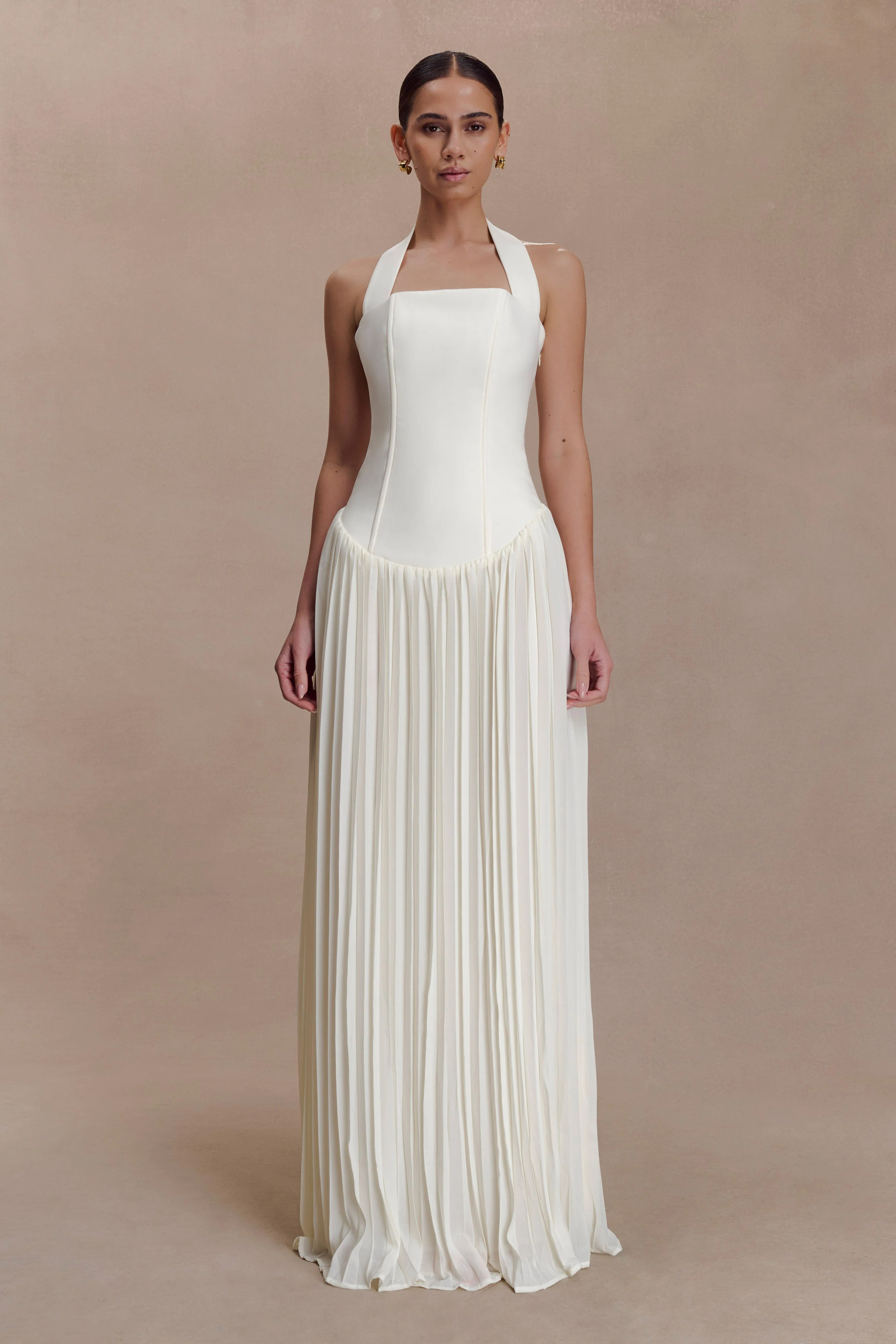 Stacie Pleated Halter Maxi Dress - Ivory | MESHKI US