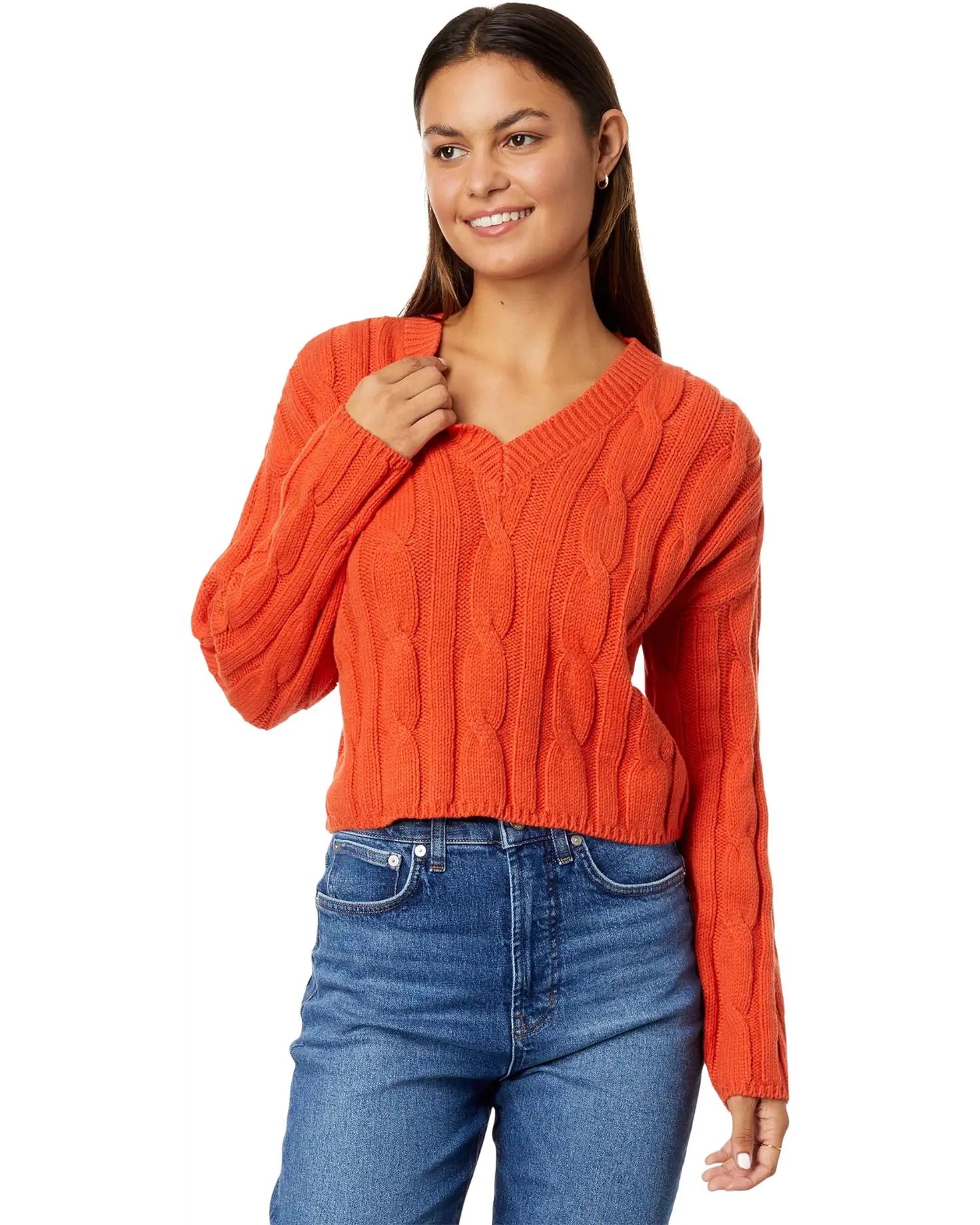 Cable-Knit V-Neck Crop Sweater | Zappos