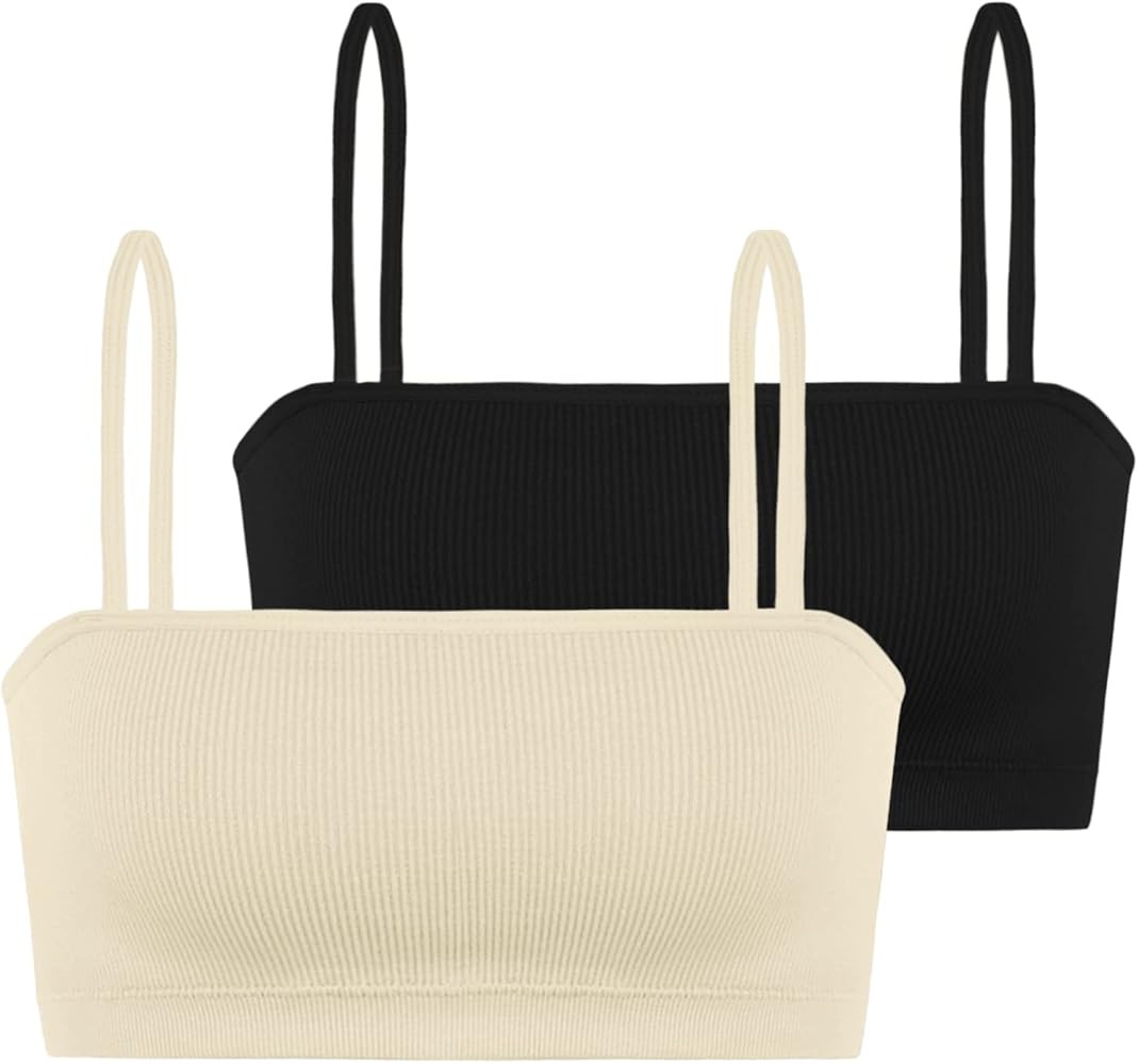 INIBUD Sports Bras for Women Bandeau Padded Ribbed Bralette Adjustable Strap Workout Square... | Amazon (US)