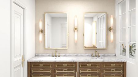 Classic double vanity for bathroom with golden square round pivot mirror and light bars. 