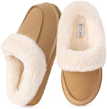 FITORY Women's Suede Slipper, Flat Slip On House Shoes with Faux Fur Lining Indoor Outdoor Short ... | Amazon (US)