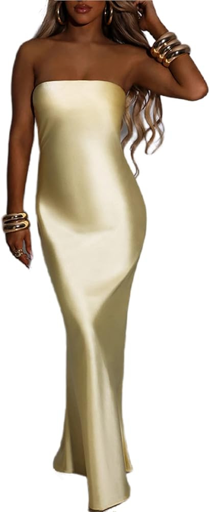 JUMISEE Women's Satin Strapless Maxi Dress Sexy Sleeveless Backless Draped Bodycon Long Cocktail ... | Amazon (US)