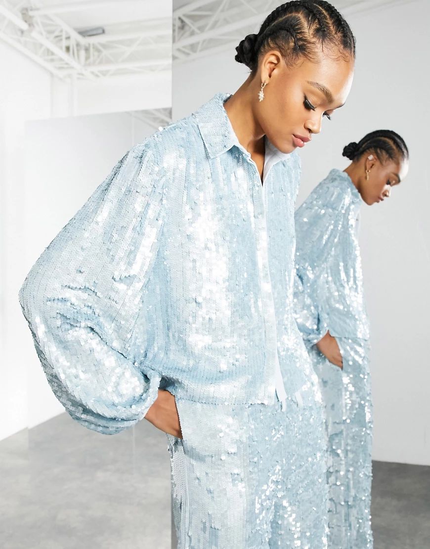 ASOS EDITION sequin shirt with blouson sleeve in pale blue co-ord | ASOS (Global)