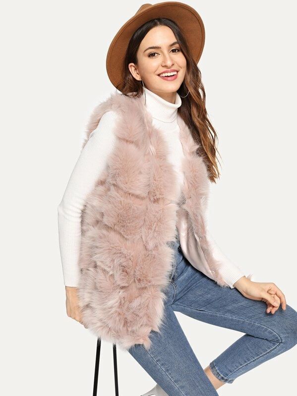 SHEIN Open Front Textured Faux Fur Vest | SHEIN