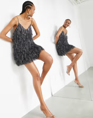 ASOS EDITION feather & sequin mini dress with low back in charcoal | ASOS (Global)