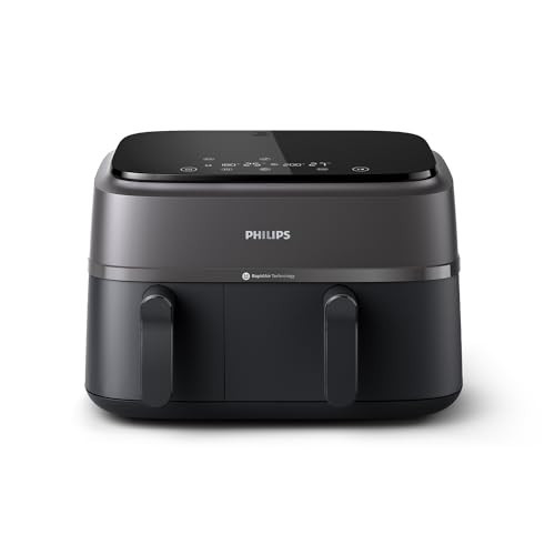 Philips Dual Basket Airfryer 3000 Series, 9L, 2 Drawer Air Fryer, with Breakfast Kit, Rapid Air Technology, Versatile Large Air Fryer for Family, 99% Less fat and Energy Saving, HomeID App (NA350/03) | Amazon (UK)